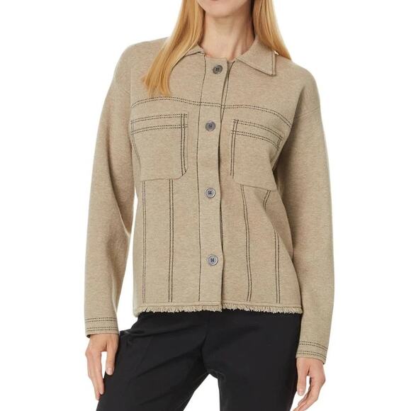 EUC Elliott Lauren Beige Top Stitch Button Front Sweater Jacket Sz M Fringe Hem - Picture 1 of 16